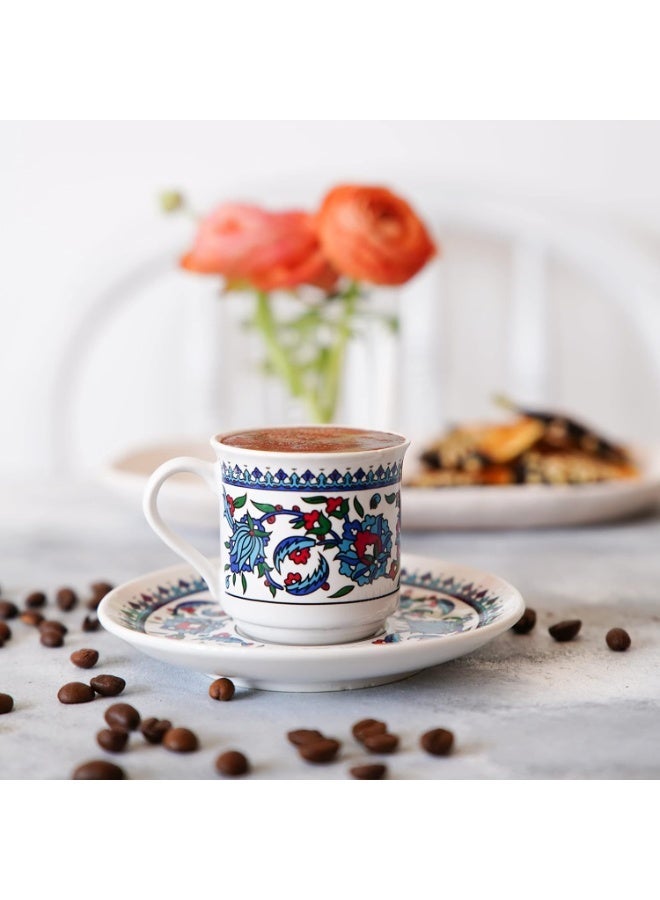 طقم فناجين قهوة تركية - طقم من 6 فناجين قهوة تركية مع صحون وحامل فناجين للمنزل والمكتب، مصنوع من السيراميك يحافظ على دفء القهوة، آمن للغسل في غسالة الصحون - Image 2